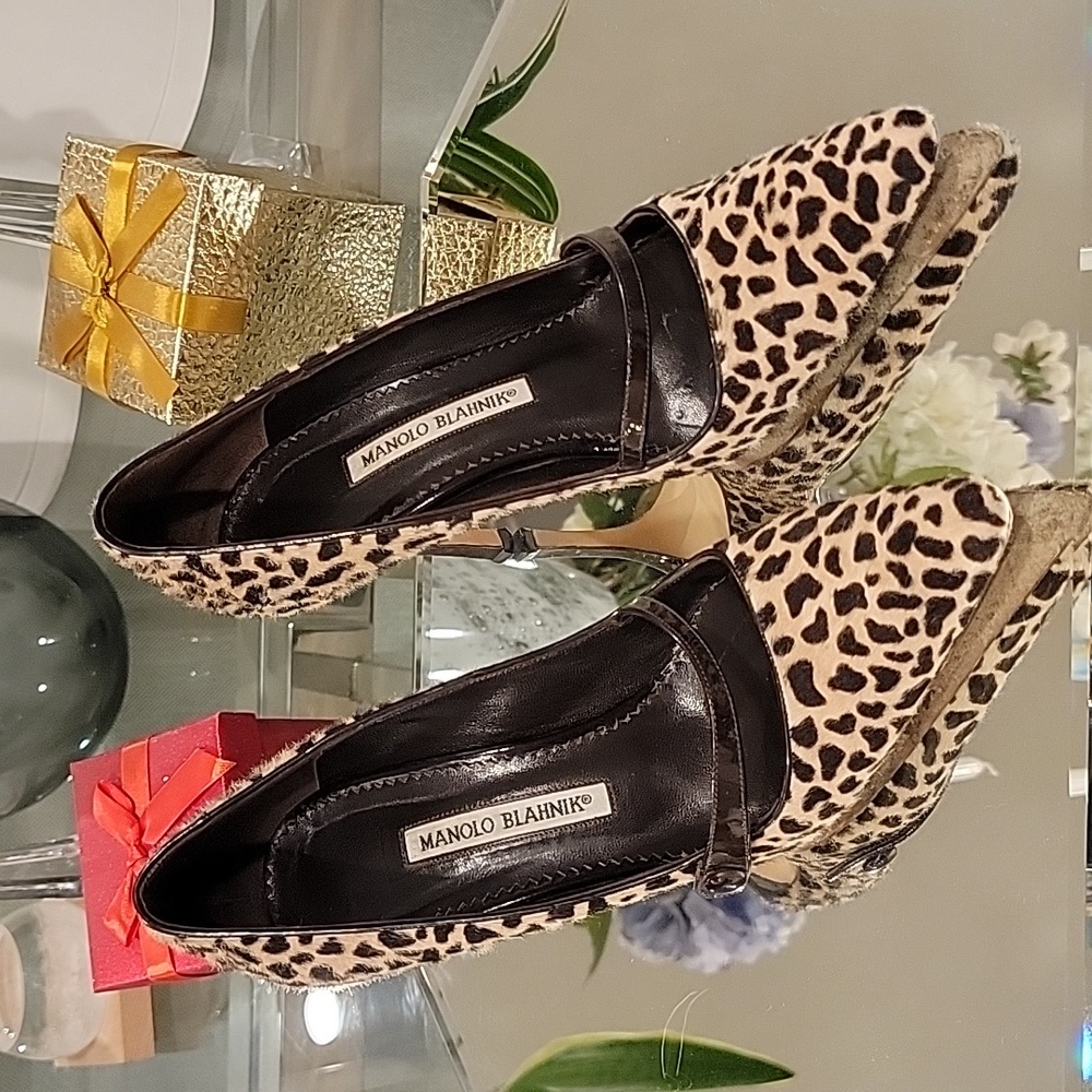Manolo Blahnik Leopard Print and Black Pointed Toe Pumps